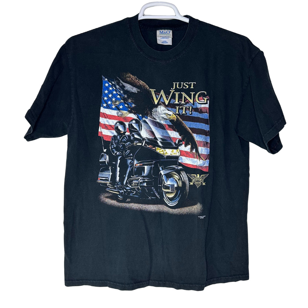 Vintage American Biker Shirt Just Wing It Mens Large‎ Eagle Motorcycle Black Y2K